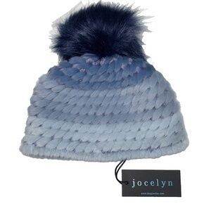 Jocelyn Womens Blue Knit Faux Fur Pom Pom Winter Hat One Size NEW